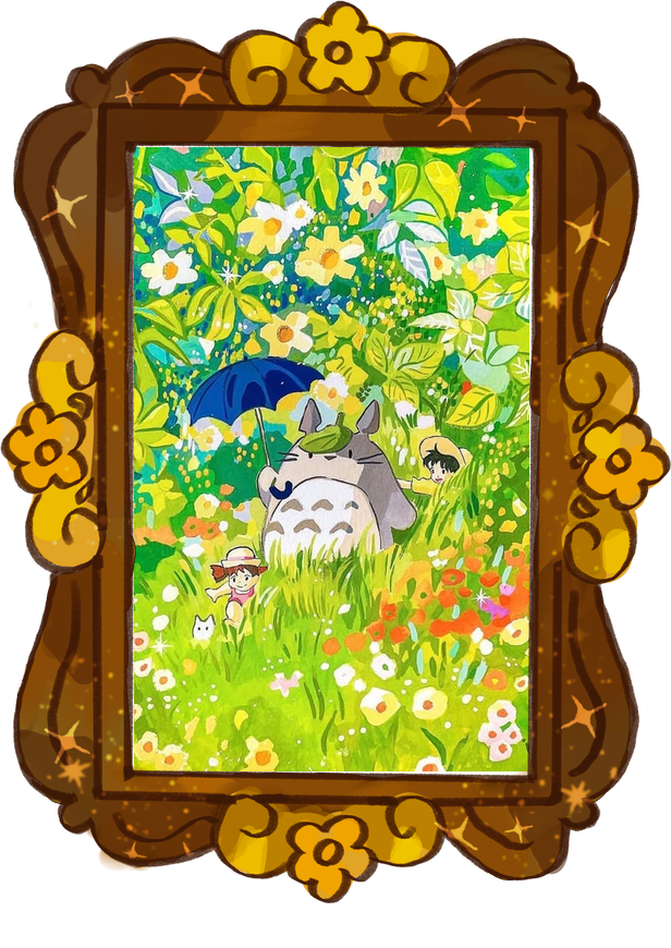 Totoro in the Flower Garden, framed