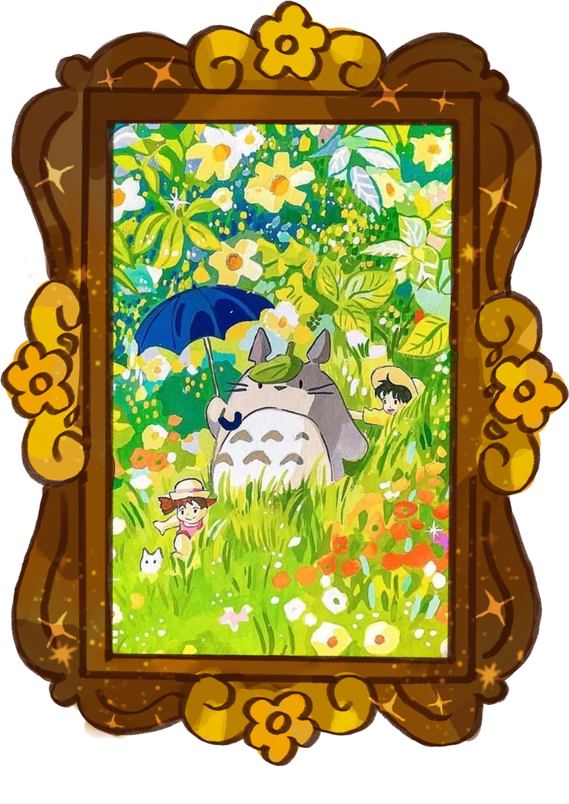 Totoro in the Flower Garden, framed